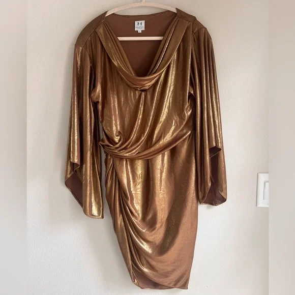 HALSTON Heritage Women’s Long Sleeve Gold Draped Dress size 2 - Picture 1 of 7